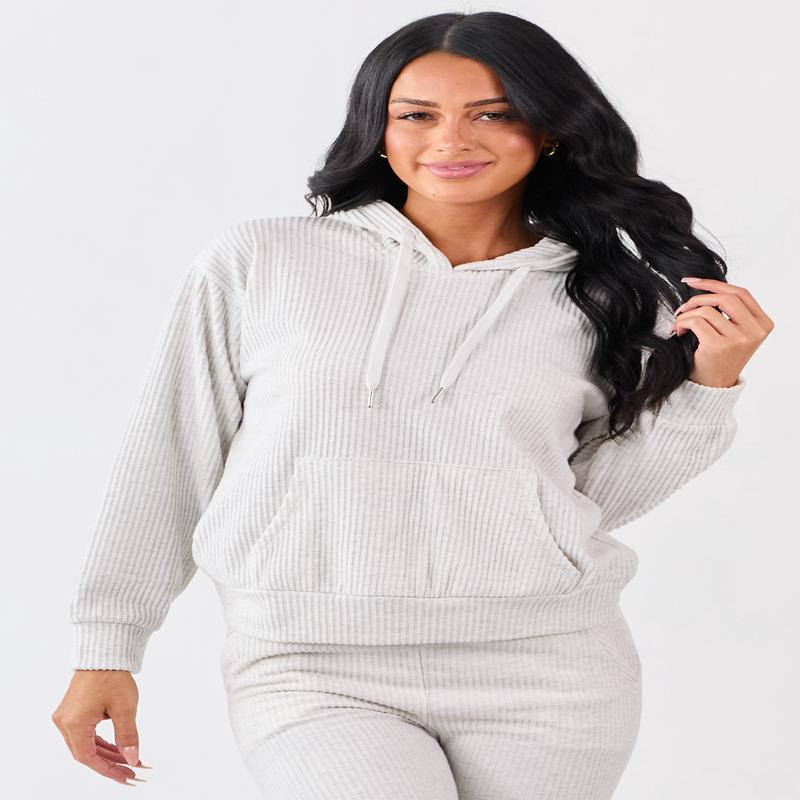 Cloud Grey Rib Knit Drawstring Hooded Sweatshirt