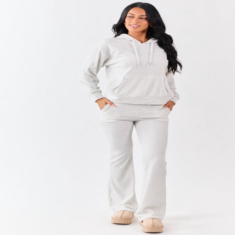 Cloud Grey Soft Knit Drawstring Flare Pants