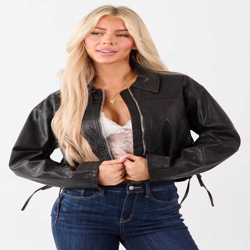 Cocoa Washed Faux Leather Zip Up Boxy Moto Jacket