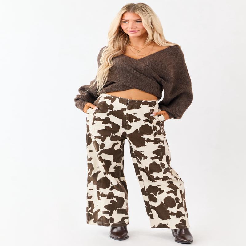 Coconut Cow Print Elastic Waist Wide Leg Denim Pants