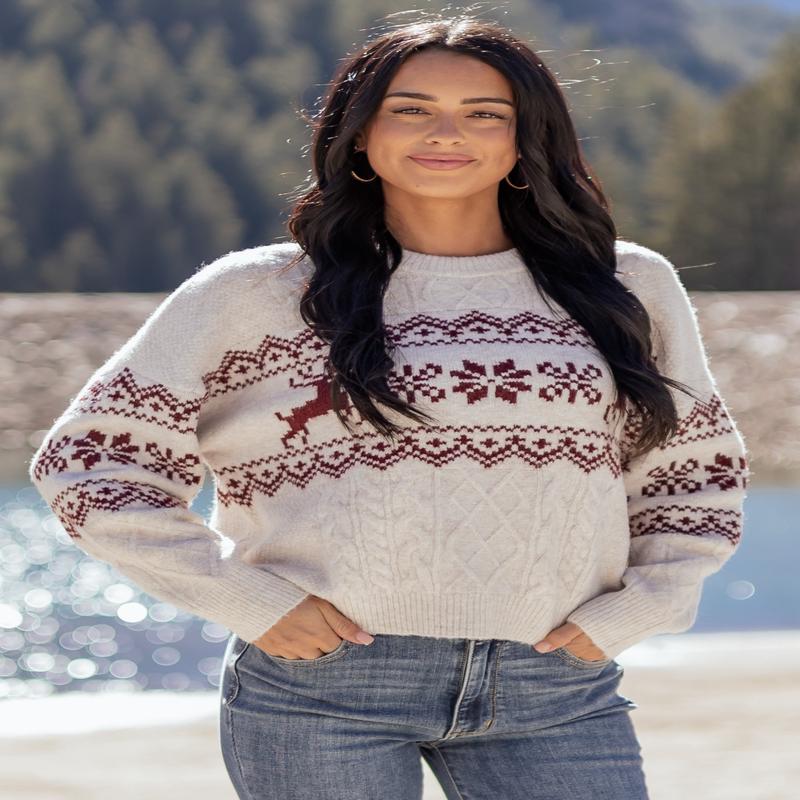 Coconut Fair Isle Reindeer Cable Knit Sweater