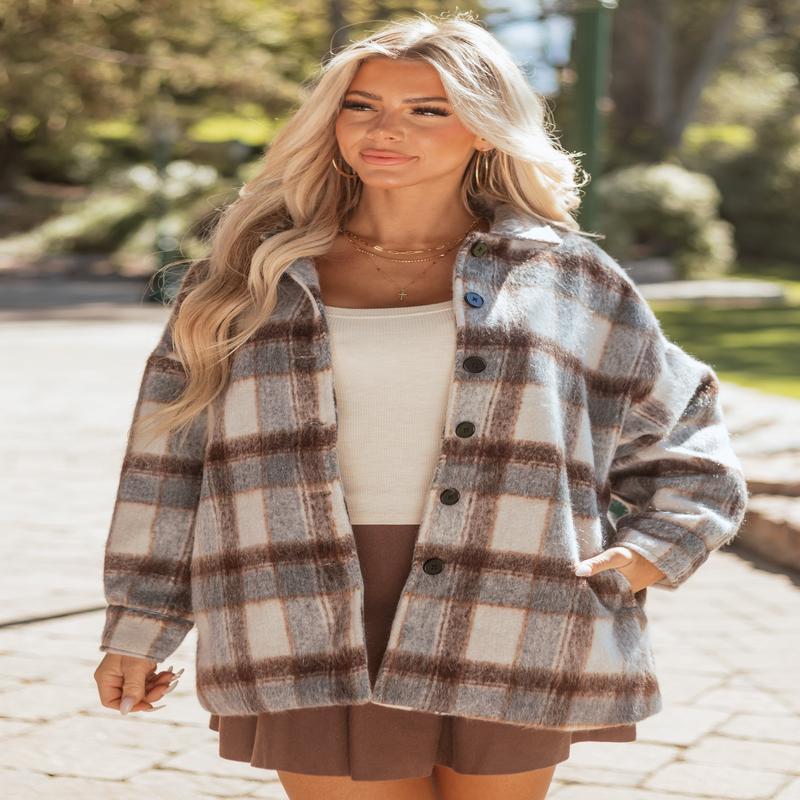 Coffee Plaid Collared Button Down Textured Shacket