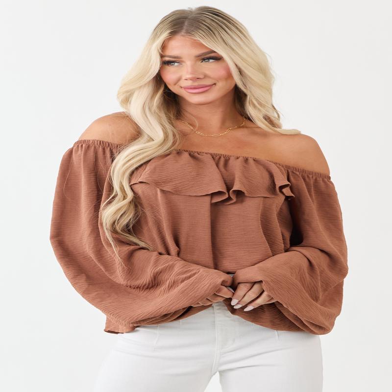 Cognac Flowy Long Puff Sleeve Ruffle Yoke Top