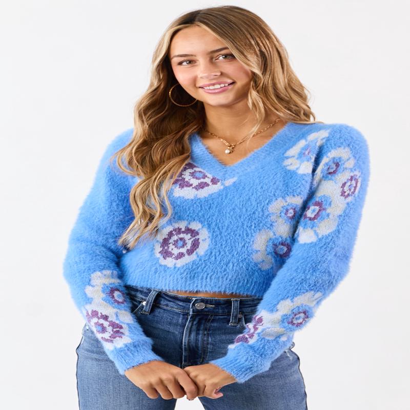 Cornflower Eyelash Knit Floral Pattern Sweater