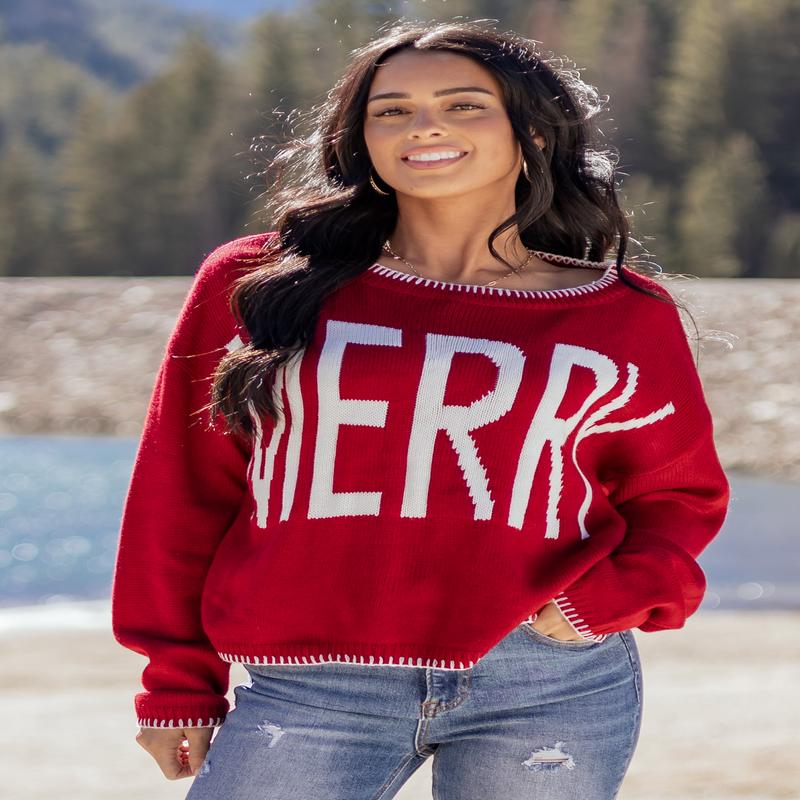 Cranberry 'Merry' Graphic Contrast Stitch Sweater