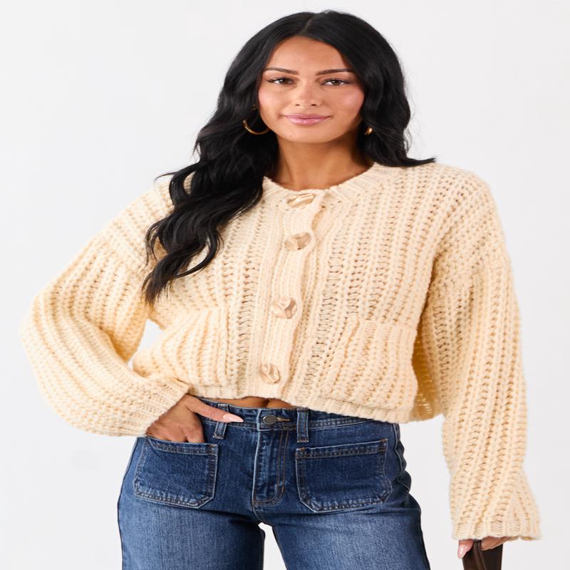 Cream Chunky Rib Knit Button Down Sweater Cardigan