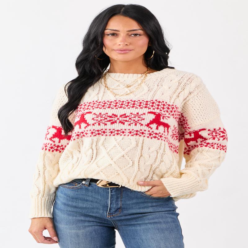 Cream Fair Isle Holiday Pattern Cable Knit Sweater