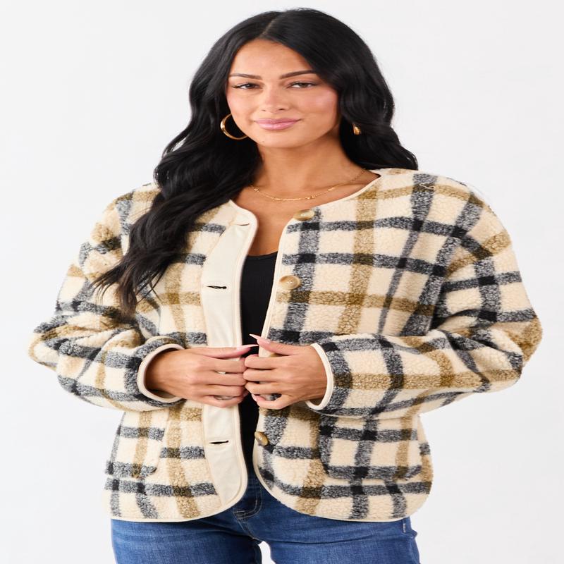 Cream Plaid Sherpa Button Down Teddy Jacket