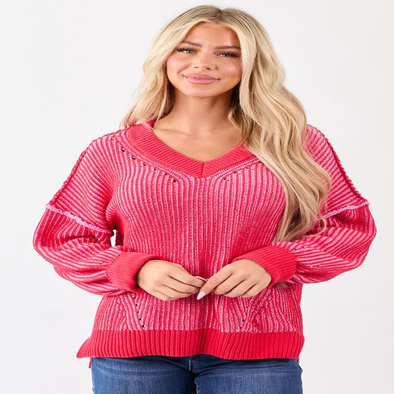 Crimson and Carnation Two Tone Ribbed Knit Sweater