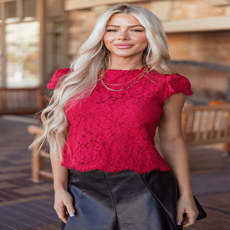 Crimson Short Puff Sleeve Scallop Hem Lace Top