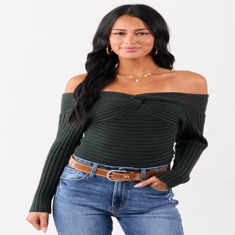 Dark Forest Green Off Shoulder Twist Sweater