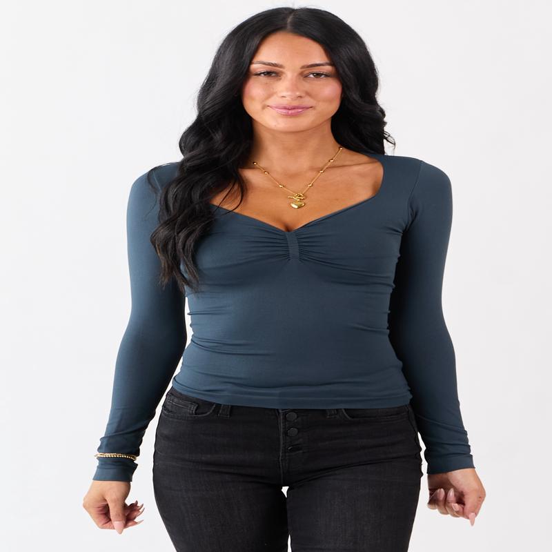 Dark Juniper Shirred Bust Fitted Long Sleeve Top