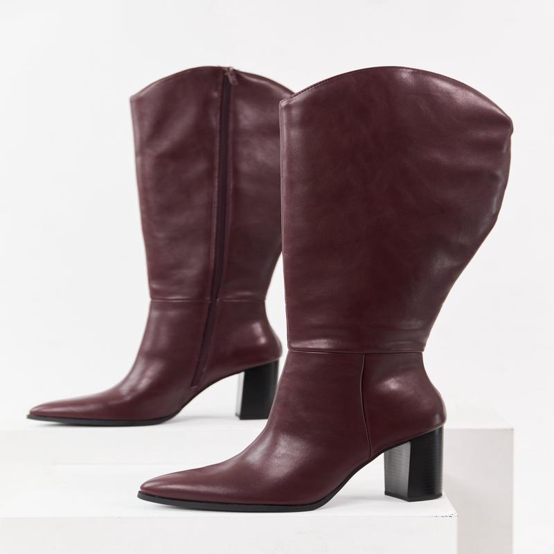 Dark Wine Faux Leather Block Heel Tall Boots