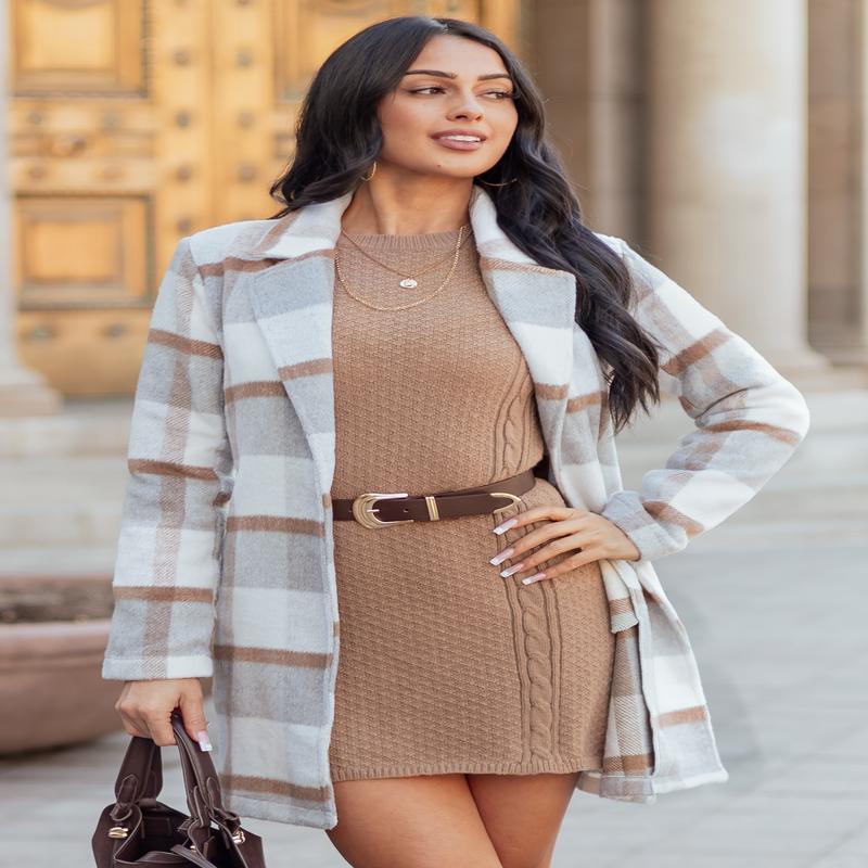 Dove Grey Open Front Plaid Waist Tie Jacket