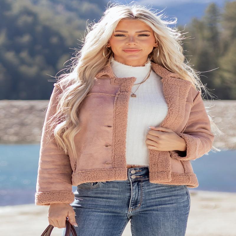 Dusty Rose Faux Suede Sherpa Lined Jacket