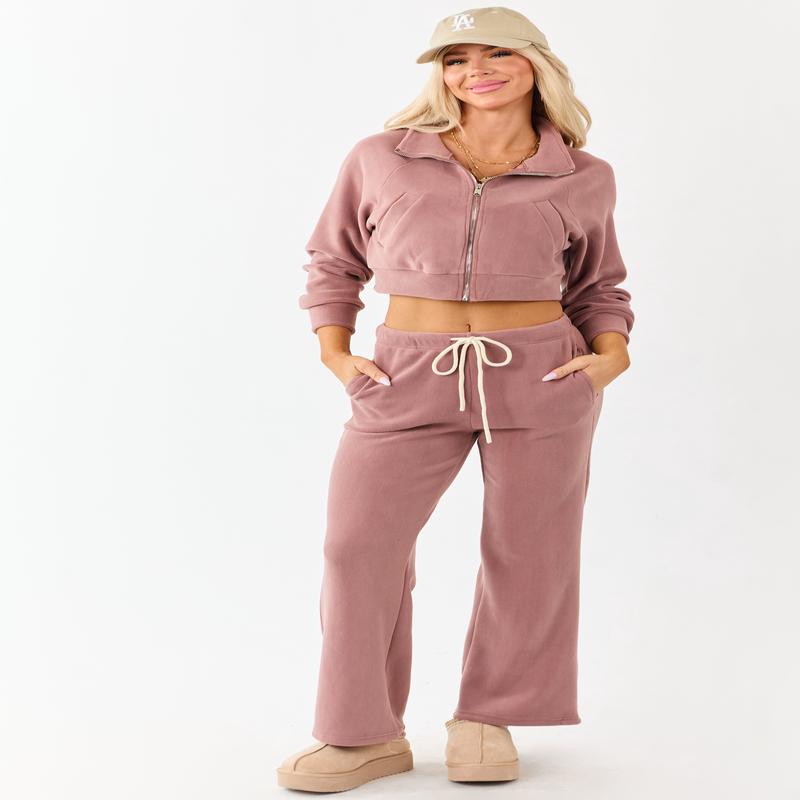 Dusty Rose Fleece Wide Leg Drawstring Pants