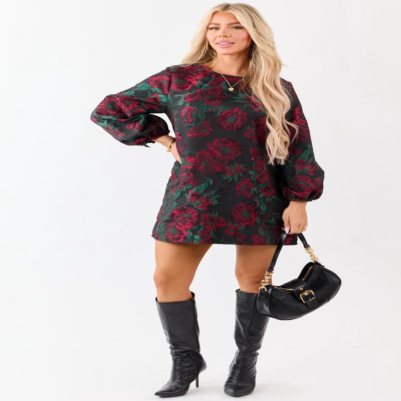 Entro Black Floral Jacquard Puff Sleeve Mini Dress