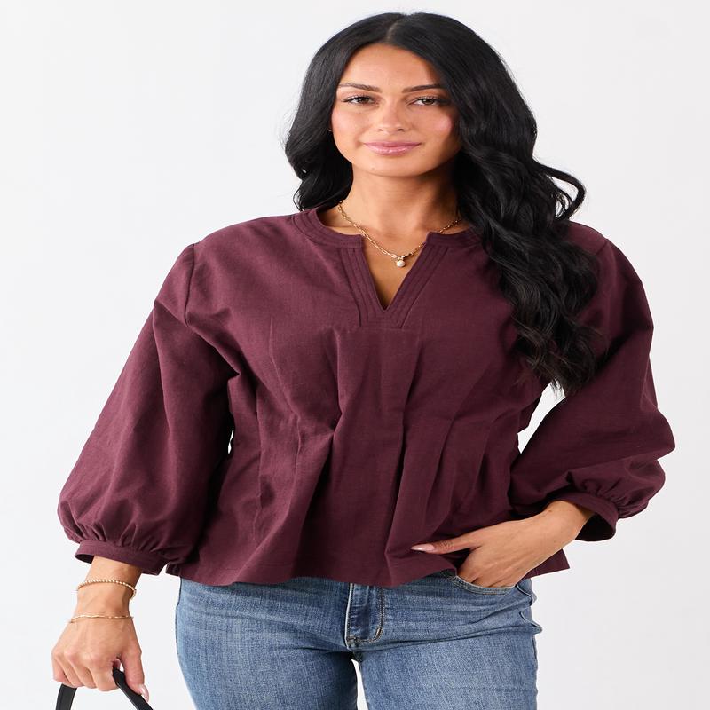 Entro Chocolate V-Neck Long Sleeve Pleated Top