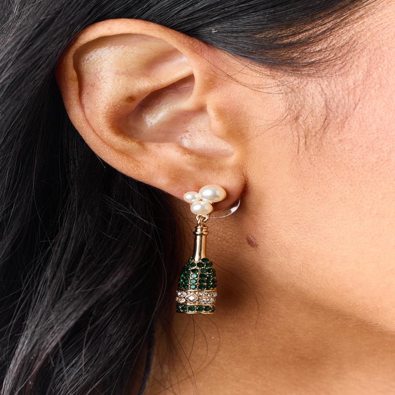 Forest Green Champagne Bottle Dangle Earrings