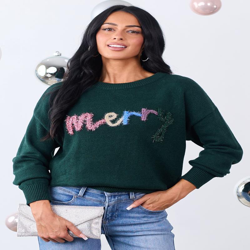 Forest Green 'Merry' Tinsel 3D Lettering Sweater