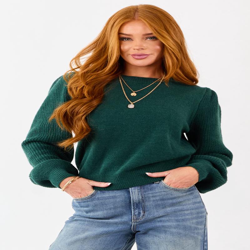 Forest Green Ribbed Knit Puff Long Sleeve Sweater