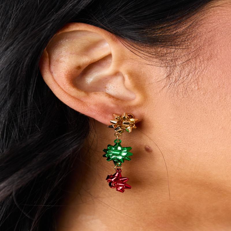 Gold Holiday Gift Bow Dangle Earrings