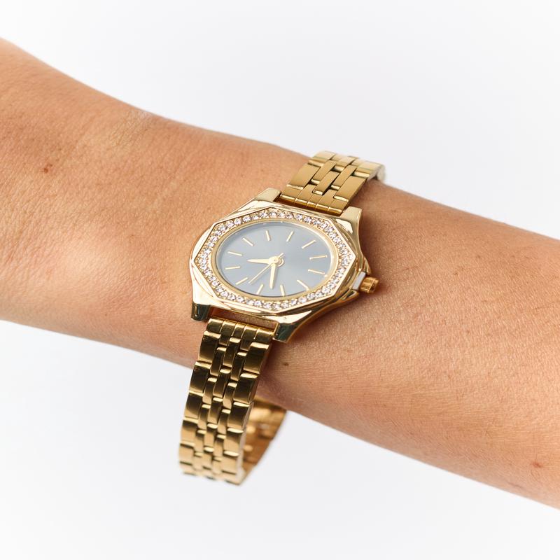Gold Metallic Rhinestone Trim Octagonal Watch