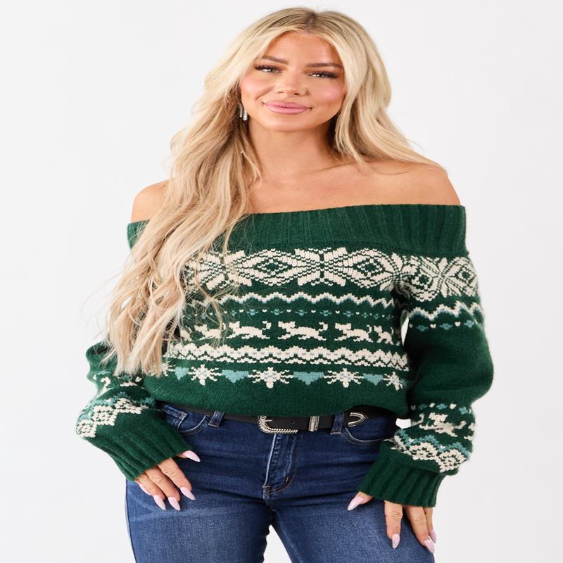 Hunter Green Fair Isle Pattern Off Shoulder Knit Sweater