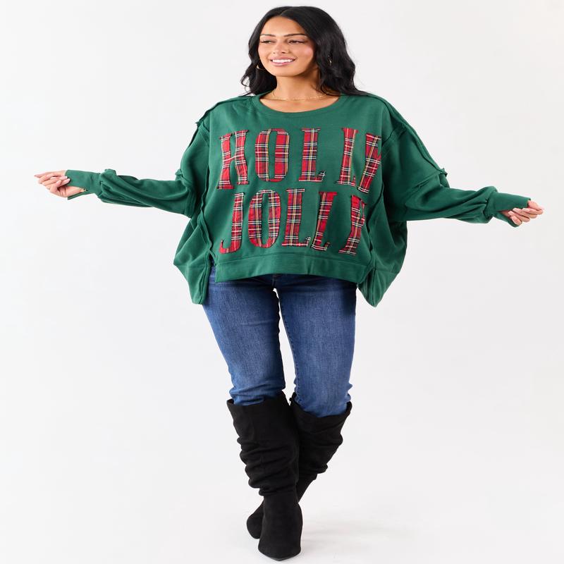 Hunter Green 'Holly Jolly' Plaid Lettering Fleece Top