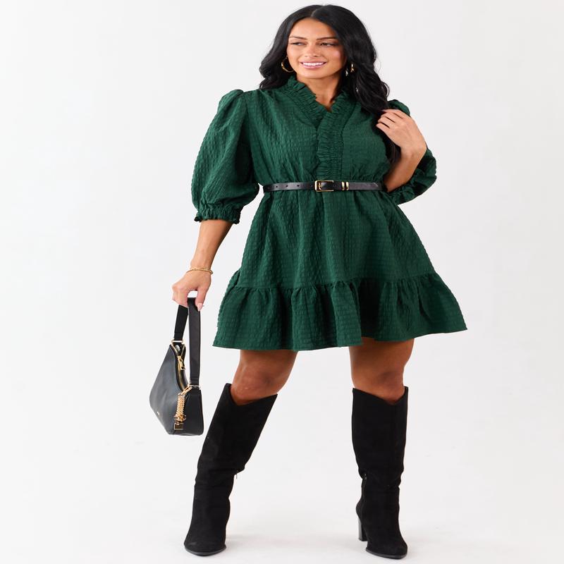 Hunter Green Surplice Neck 3/4 Bubble Sleeve Mini Dress