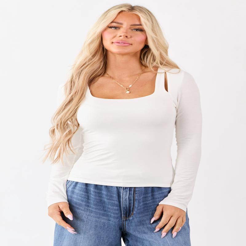 Ivory Cold Shoulder Long Sleeve Scoop Neck Top