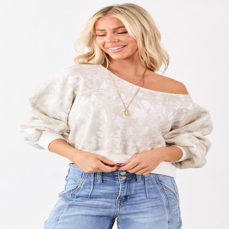 Ivory Faded Camo Print Off Shoulder Sweatshirt