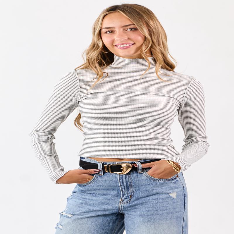 Ivory Striped Ribbed Knit Long Sleeve Mock Neck Top