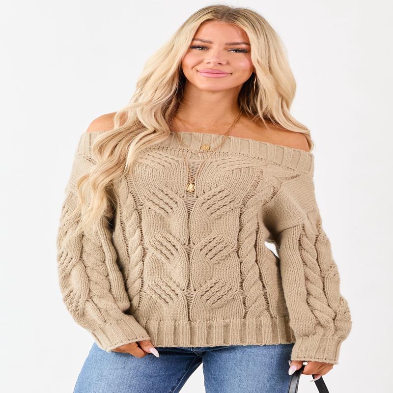 Latte Off the Shoulder Cable Knit Sweater