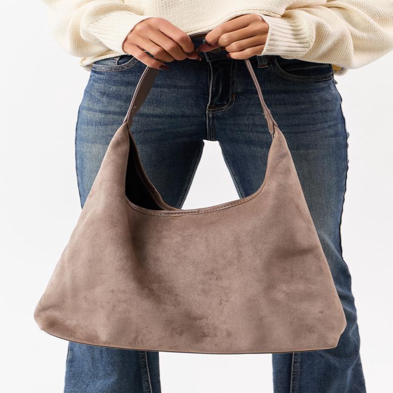Light Taupe Faux Suede Flat Bottom Tote Bag