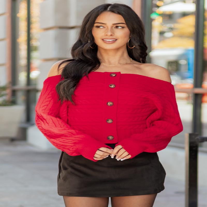 Lipstick Cable Knit Boatneck Cropped Cardigan