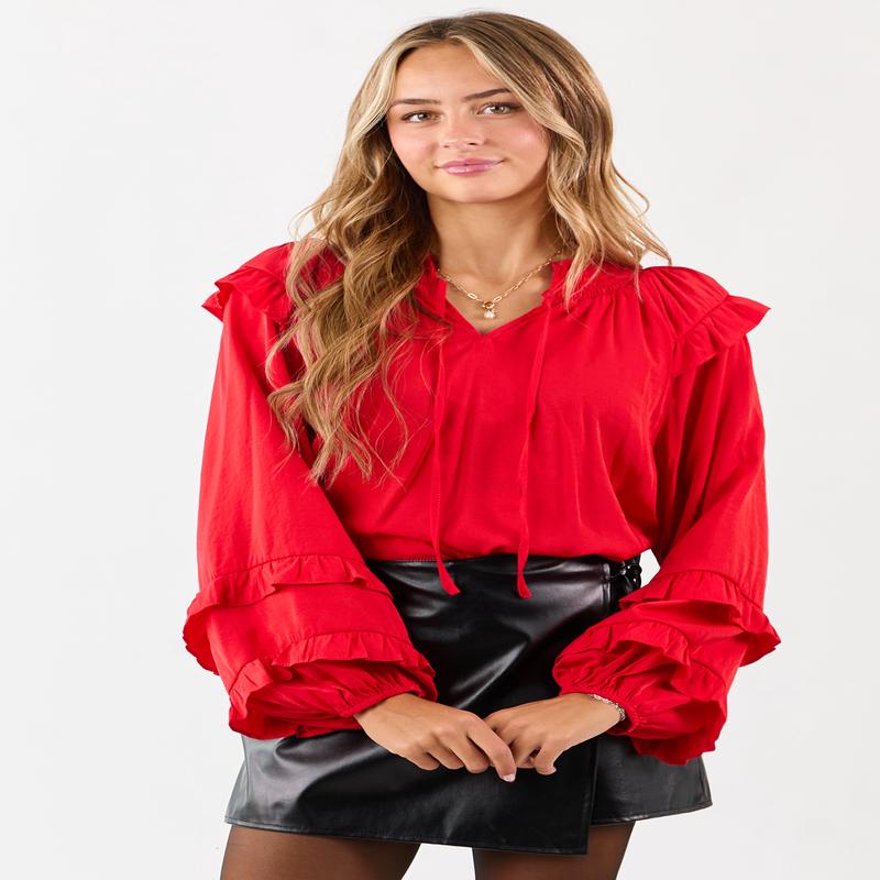 Lipstick Smocked Neck Ruffle Accent Long Sleeve Top