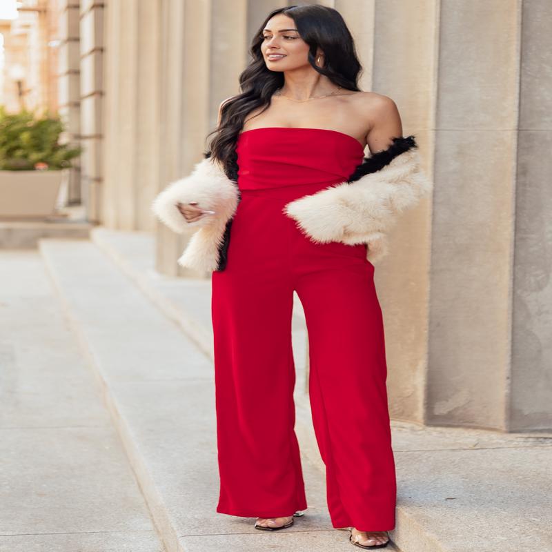 Lipstick Strapless Pleated Wide Leg Knit Jumpsuit