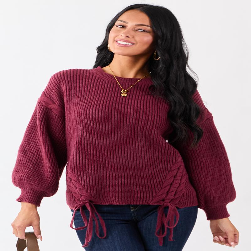 Lovelo Wine Lace Up Side Puff Sleeve Sweater
