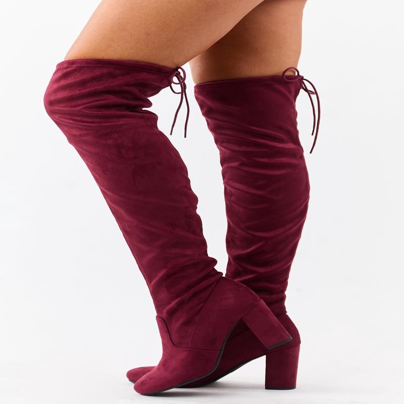 Maroon Over the Knee Microsuede Drawstring Boots