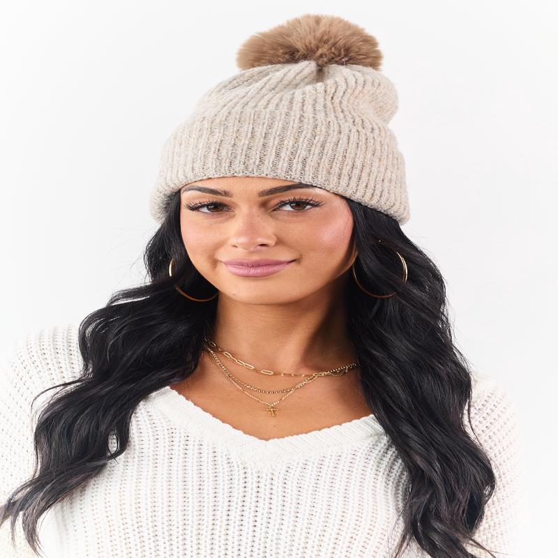Oatmeal Faux Fur Pom Pom Ribbed Knit Beanie