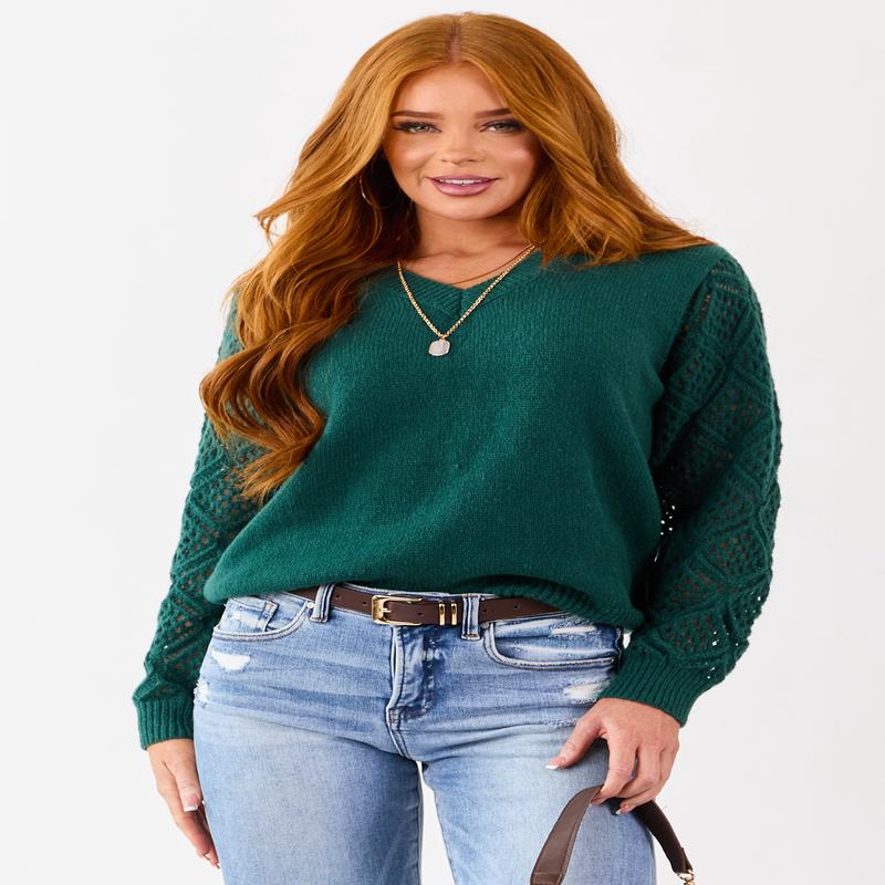 Pine Open Knit Sleeve V-Neck Pullover Sweater