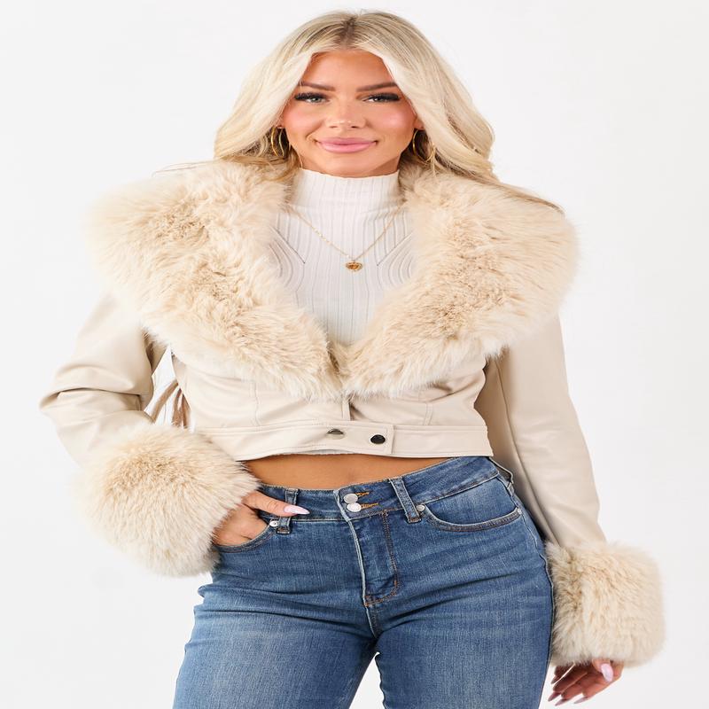 PRE-ORDER Almond Faux Leather Opulent Faux Fur Trim Crop Coat SHIP ETA 12/4