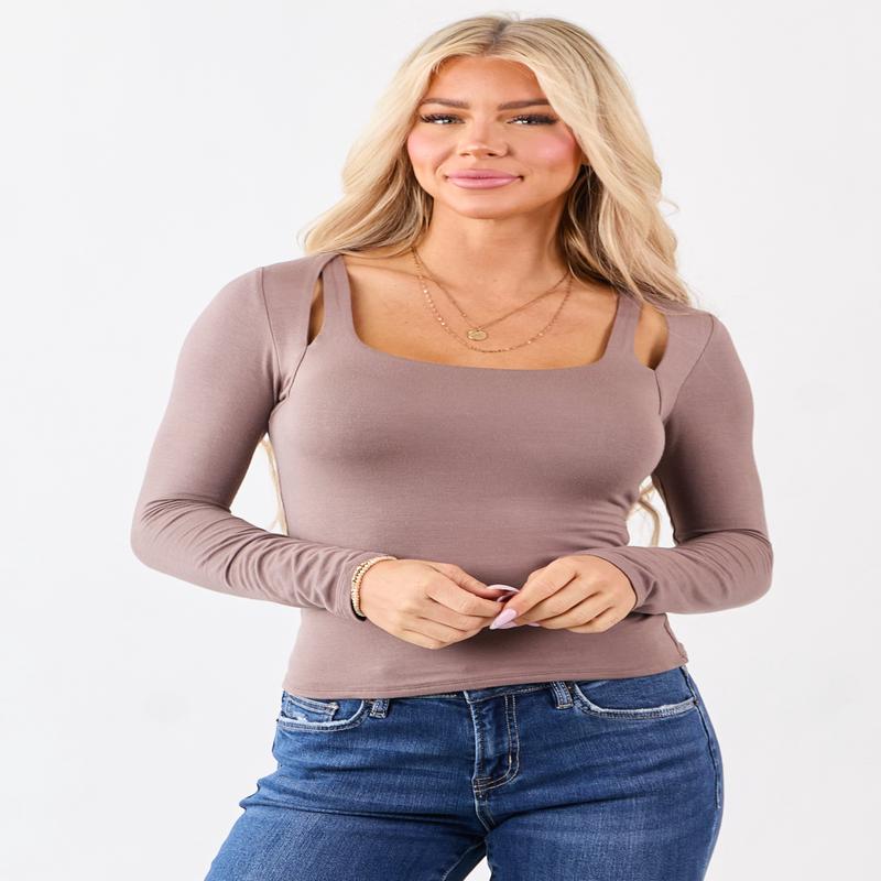 Rose Taupe Cold Shoulder Long Sleeve Scoop Neck Top