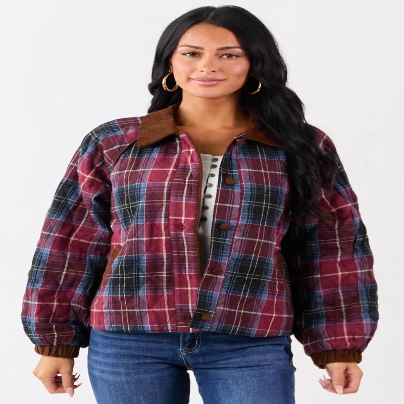 Ruby Cotton Quilted Plaid Contrast Corduroy Jacket