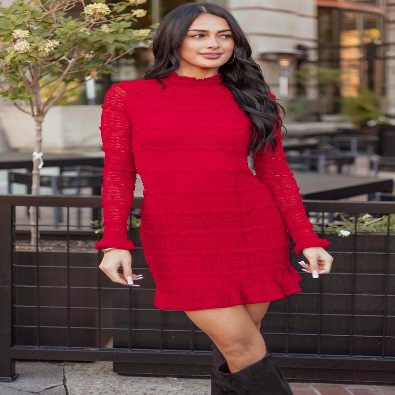 Ruby Ruffle Lace Mock Neck Long Sleeve Mini Dress