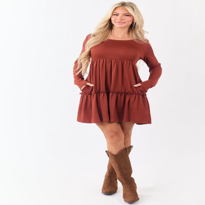 Rust Long Sleeve Frill Tiered Mini Dress