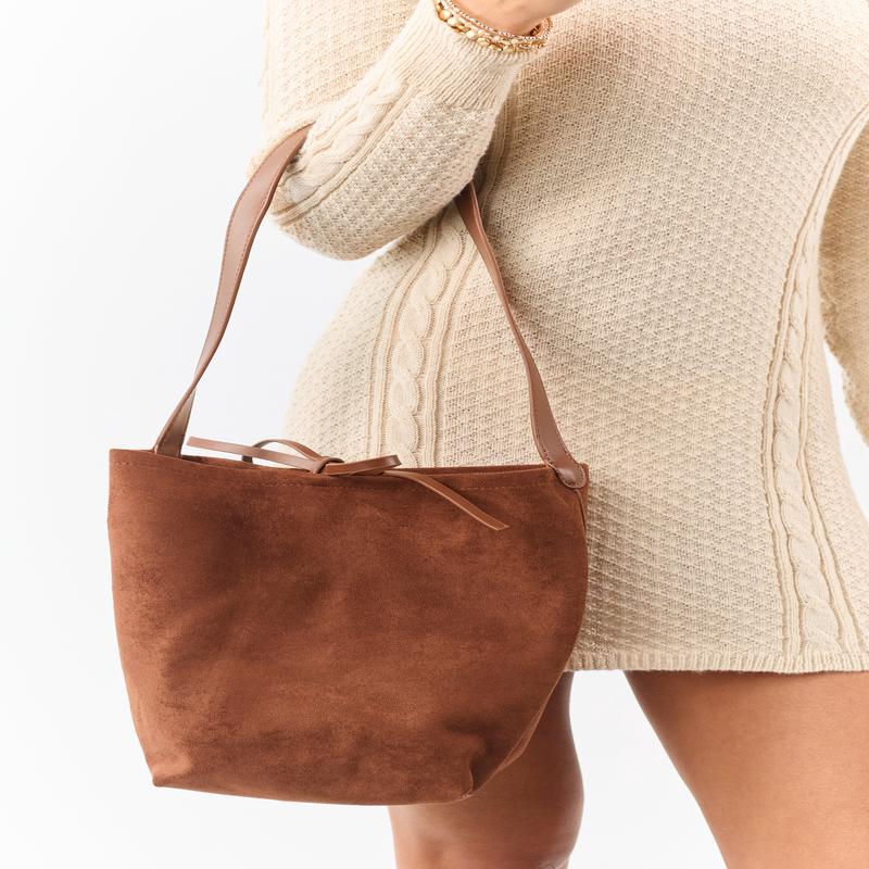 Sepia Faux Suede Tote Bag with Drawstring Pouch