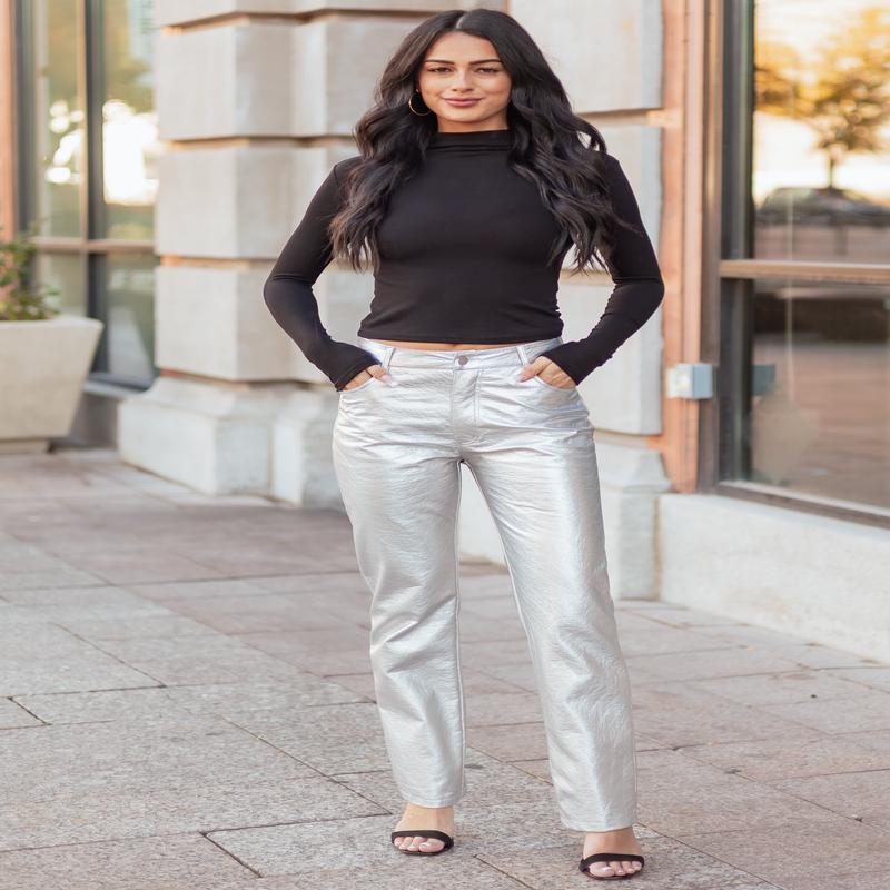 Silver Metallic Faux Leather Straight Leg Pants