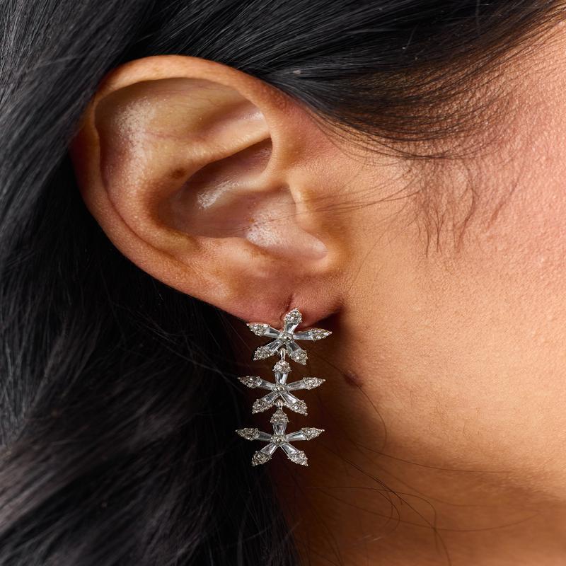 Silver Metallic Rhinestone Flower Dangle Earrings